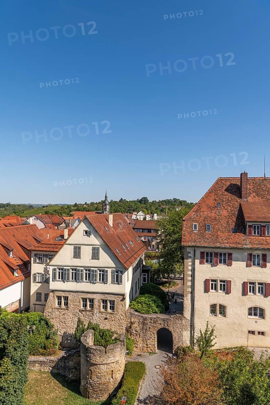 View from above over the roofs of the old town of Marbach am Neckar, city wall with the roundel tower, roofs, roof landscape, historic old town, half-timbered houses, historic buildings, cityscape, old town alleys, Neckar region, Baden-Württemberg, view from above, bird's-eye view, city view, historic architecture, red tile roofs, rows of houses, city center, picturesque old town, medieval cityscape, historic cityscape, urban backdrop, urban roofscape, blue sky, Baden-Württemberg, Germany