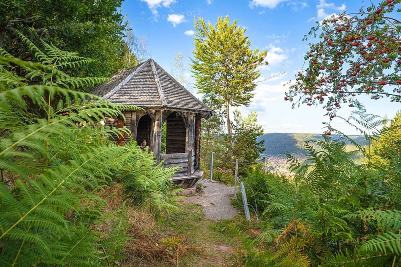 Cabin surrounded by lush greenery and views of the hills under clear skies, Bad Wildbad, Black Forest, Germany