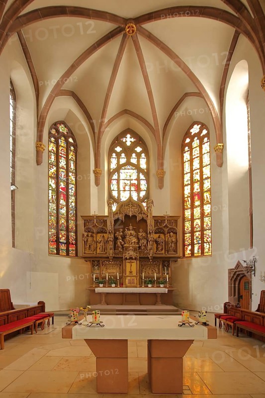 Magnificent baroque St. Lawrence church, high altar and colorful church windows, stained glass, chancel, handicrafts, interior view, Kenzingen, Breisgau, Baden-Württemberg, Germany