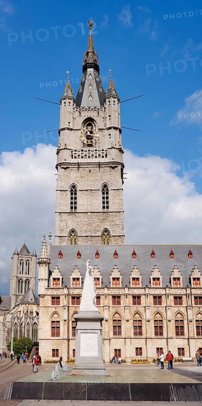 Belfry, Cloth Hall and Jan Frans Willem Statue, Ghent, East Flanders, Flanders, Belgium