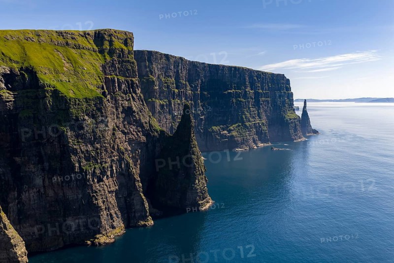 View of the steep cliffs of Liraberg, Skopun, Sandoy Island, Faroe Islands, Denmark