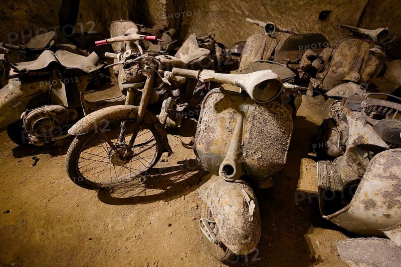 Rotten mopeds from the 1950s, Galleria Borbonica, Bourbon Tunnel, Naples underground, Campania province, Italy