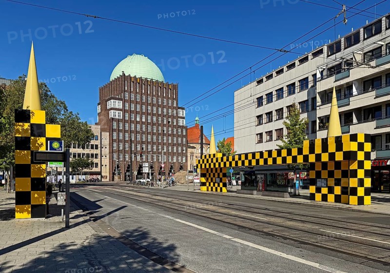 Steintor tram stop, artist Alessandro Mendini, rear Anzeiger-Hochhaus, Hanover, Lower Saxony, Germany