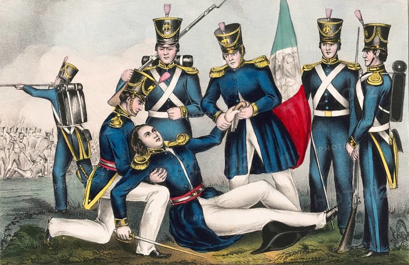 The scene is reminiscent of the death of Lieutenant Colonel Henry Clay Jr. (son of US Senator Henry Clay) during the Battle of Buena Vista on 23 February 1847. The image depicts US soldiers in blue uniforms, a wounded or dying officer in the foreground, and a Mexican flag held as a trophy in the background, American history, authentic, digitally restored high-resolution reproduction from a 19th-century original, exact date of the depiction unknown, historical