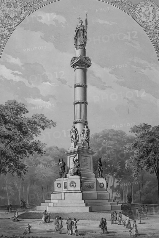 Image shows the Army and Navy Monument, Soldiers' and Sailors' Monument, in Boston Common in Boston, Massachusetts, built in 1877, American history, authentic, digitally restored reproduction from a 19th century original, exact date of depiction unknown, historical
