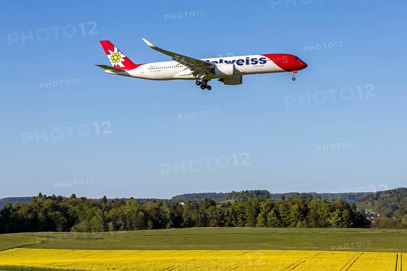 An Edelweiss Airbus A350-900 aircraft with the HB-IHF license plate at Zurich Airport, Switzerland