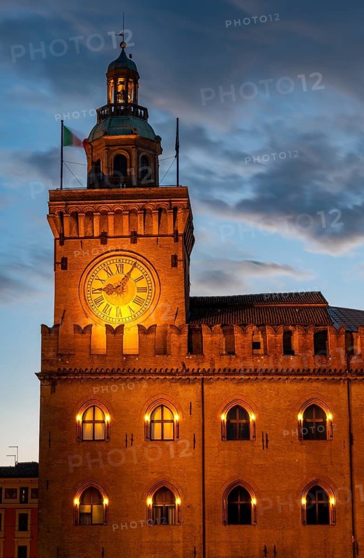 Illuminated Torre dell'Orologio, Blue Hour, Piazza Maggiore, Old Town, Bologna, Emilia Romagna, Italy