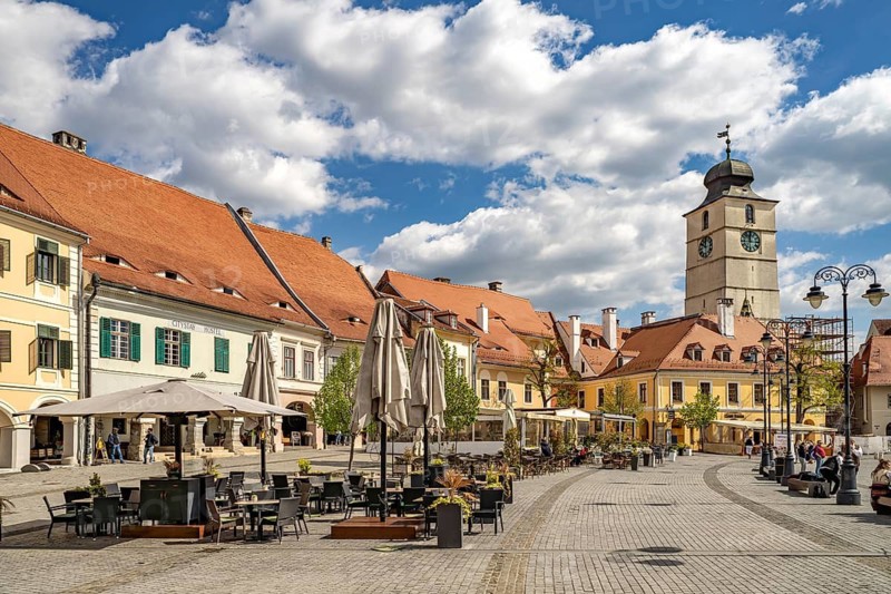 The Little Ring or Pia?a Mica square in the old town with Casa Artelor and Council Tower seen from above, Sibiu or Sibiu, Transylvania, Romania