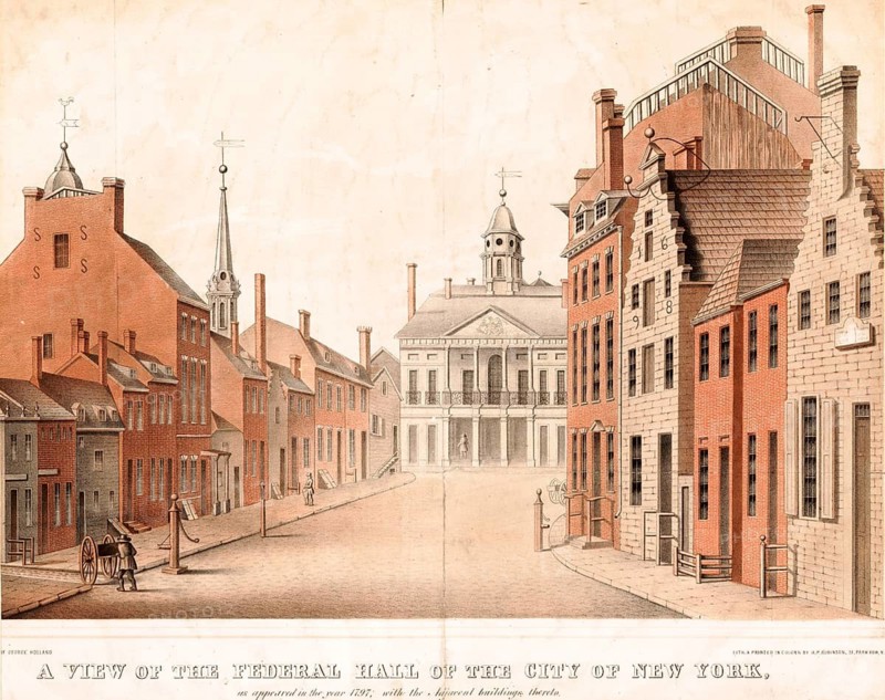Federal Hall in New York City as it looked in 1797. The building originally served as a city hall and was converted to the first United States Capitol in 1788. The scene shows Federal Hall and the adjacent buildings on Broad Street, authentic, digitally restored reproduction from a 19th-century original, exact date of depiction unknown, historical