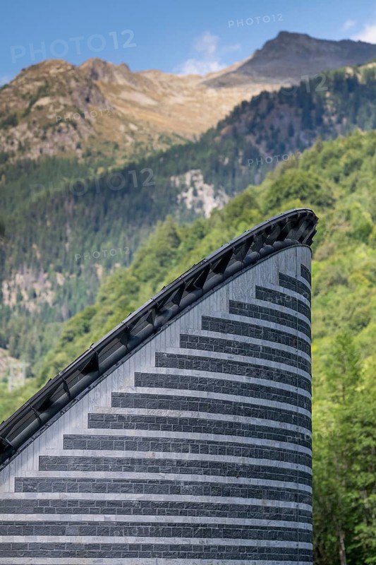 Sloping roof, Roman Catholic church of San Giovanni Battista, built in the same place as the village church destroyed by avalanche in 1986, architect Mario Botta, Mogno, Maggia Valley, Valle Maggia, municipality of Lavizzara, Canton of Tessin, Switzerland