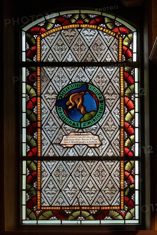 Interior view, stained glass window, Old Island Church, Spiekeroog, East Frisia, Lower Saxony, Germany