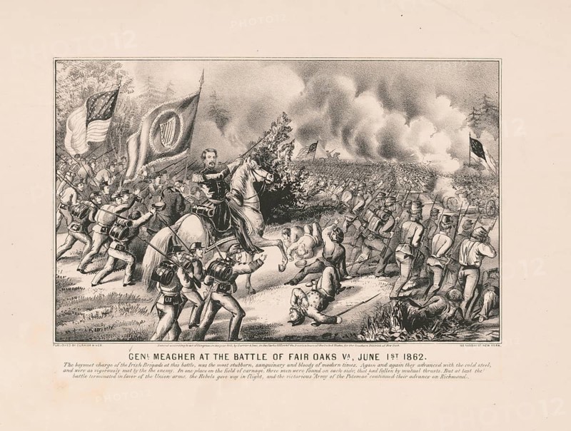 Brigadier General Thomas Francis Meagher riding a horse during the Battle of Fair Oaks, Seven Pines, in the American Civil War. The battle took place on May 31 and June 1, 1862 during the peninsular campaign in Virginia, American history, authentic, digitally restored high resolution reproduction from a 19th-century original, exact date of depiction unknown, historical