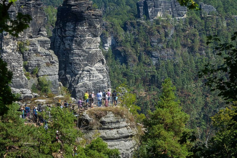 Tourists on Basteifelsen, queuing at Ferdinand view, Rathen, Saxony, Germany