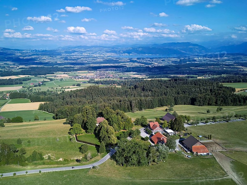 View of Horben viewpoint, Reuss Valley and Lake Zug in the back, Beinwil Freiamt, Canton of Aargau, Switzerland