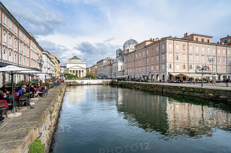 Restaurants on the Grand Canal with reflection, Sant'Antonio Taumaturgo Church in the back, Borgo Teresiano, Trieste, Friuli-Venezia Giulia Region, Italy