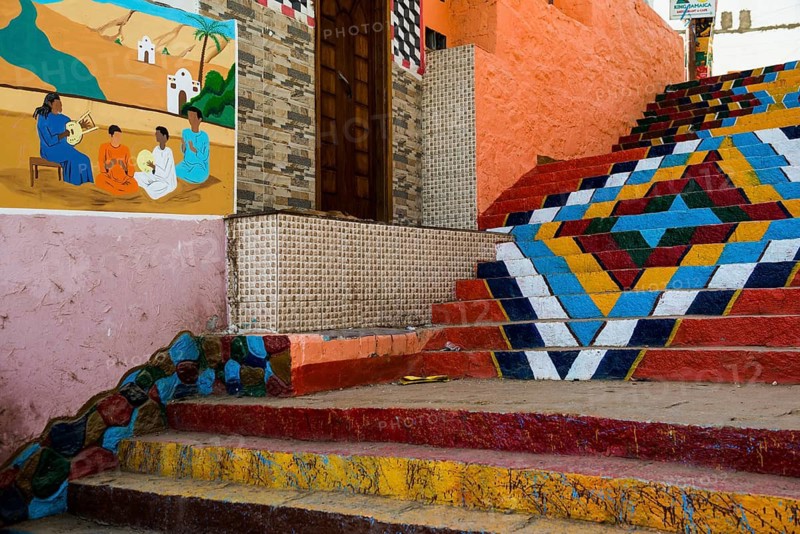 Colourfully painted façade, school, Nubian Quarter, Elephantine Island, Aswan, Upper Egypt, Egypt