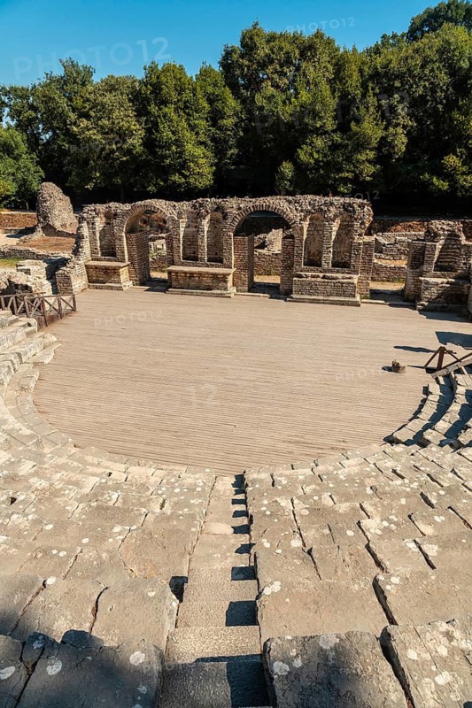 Theater and amphitheater in the archaeological ruins of Butrint or Butrinto National Park in Albania