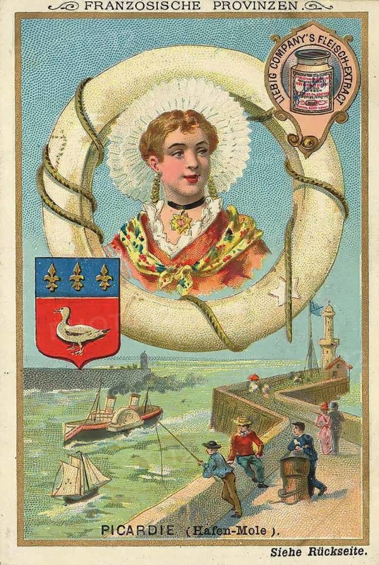 Picture series French provinces, harbour pier in Picardy, Liebig picture, digitally restored reproduction of a collection picture from ca 1900, public domain, exact date unknown, A woman in traditional style, surrounded by harbour scenes with sailing ships