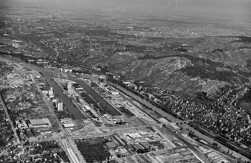 Historical aerial view of Stuttgart harbour on the Neckar, Stuttgart, Baden-Württemberg, Germany, 1959