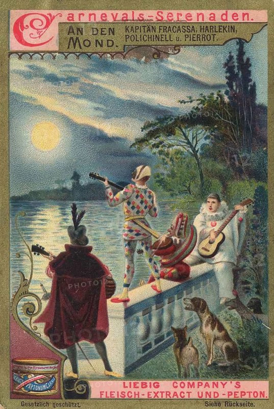 Picture series of carnival serenades, figures of the Commedia dell'arte, Harlequin, Pierrot, Polichinell and Capitano Fracassa, serenading on the riverbank in the moonlight, Liebigbild, digitally restored reproduction of a collector's painting from around 1900, exact date unknown