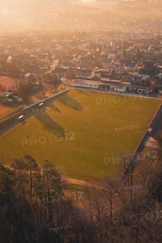 Aerial view of a soccer field with a settlement in the background, Gechingen, Calw district, Germany