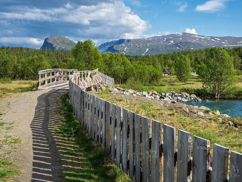 Start of hiking path Hulderstigen, upper valley of river Sjoa, bridge over the river, aerial view, Jotunheimen, Norway