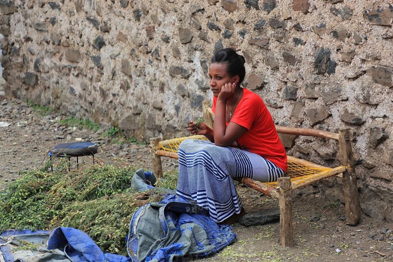Amhara region, in the city centre of Gondar, Gonder, woman selling chickpeas, Ethiopia