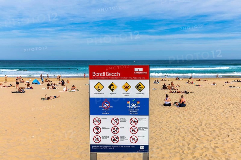 Safety information on Signage on the foreshore of Bondi Beach, Sydney, Australia