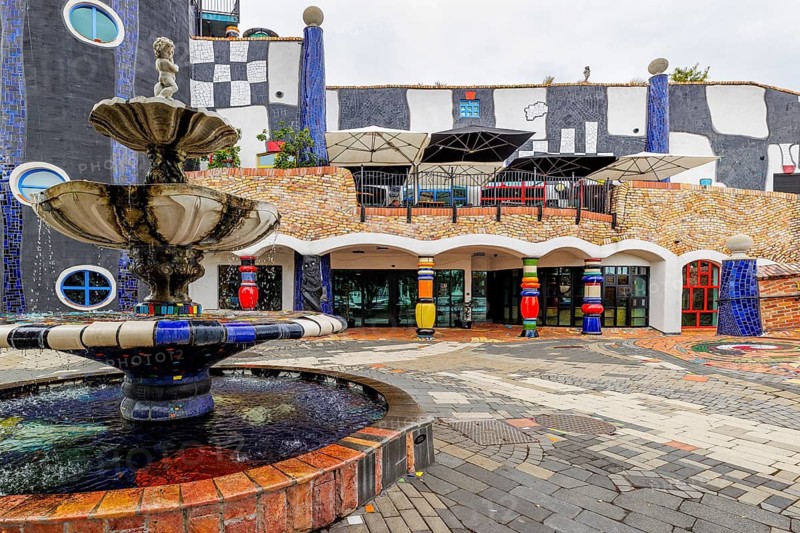 Colourful mosaic courtyard and fountain at the Hundertwasser Art Centre, Whangarei, New Zealand