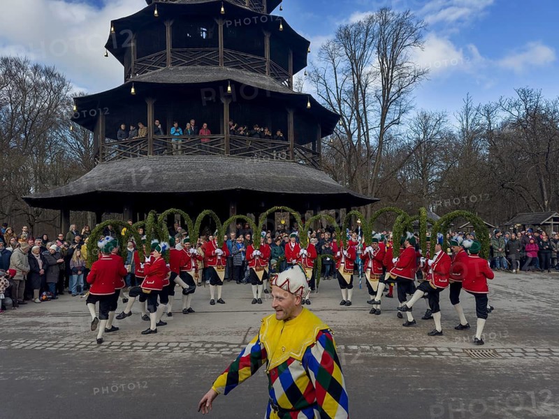Schaeffler dance in 2026 in the English Garden, behind the Chinese Tower. The event takes place every 7 years between Epiphany and Shrove Tuesday, Munich, Bavaria, Germany