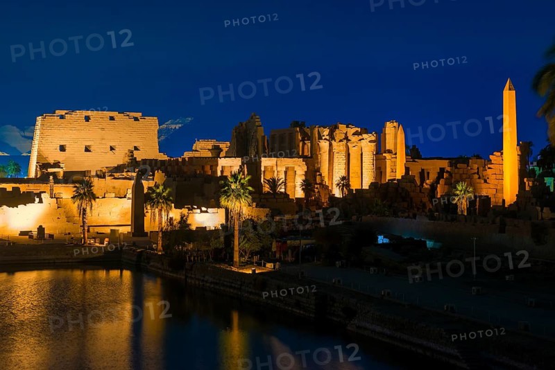 Light show, illuminated, evening, blue hour, Karnak Temple, UNESCO World Heritage Site, Luxor, Egypt