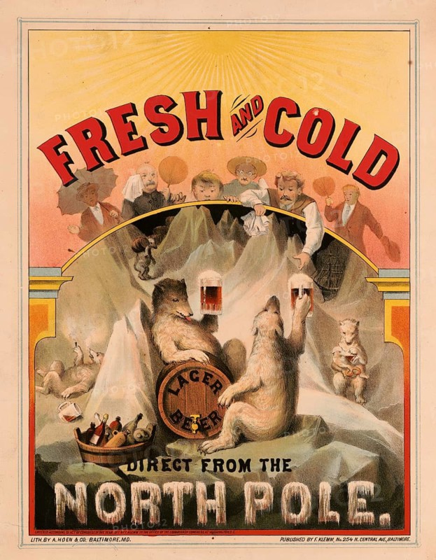 Advertising poster, beverage advertisement, lithography from around 1877 is an advertisement for Fresh & Cold Lager Beer. Polar bears drinking beer from pitchers in an arctic landscape with the inscription Direct from the North Pole authentic reproduction of a historical advertising poster advertising sign in high resolution