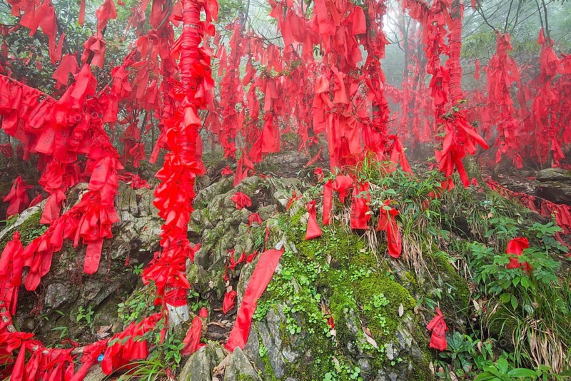 Chinese Happiness and Prayer Shawls and Flags in the Mist, Tianmen Mountain, Tianmen Mountain National Park, Yongding, Zhangjiajie, China