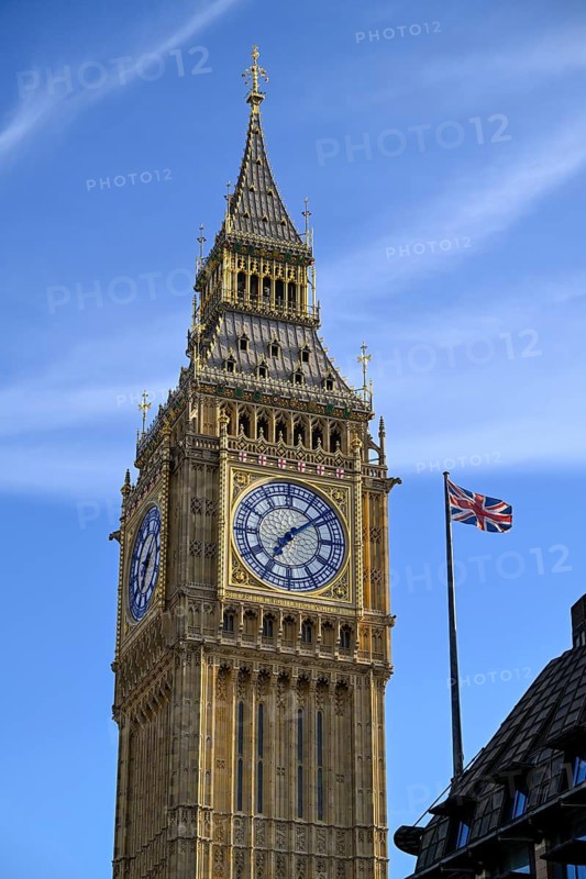 Elizabeth Tower with Big Ben and Union Jack, Palace of Westminster Clock Tower, City of Westminster, London, England, Great Britain
