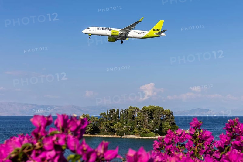 An Airbus A220-300 Air Baltic aircraft with the license plate YL-ABM at Corfu airport, Greece