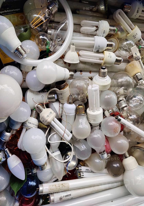 View of a full container with lots of broken lamps and lamps, Wertsoffzentrum Witten, Ruhr region, North Rhine-Westphalia, Germany