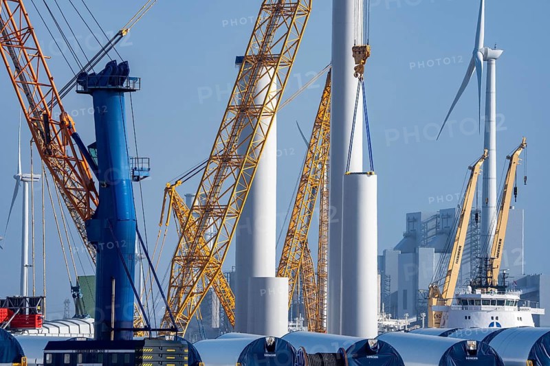 The seaport of Eemshaven, Julianahaven Basin, is where the components, rotors, tower components, technical gondolas, for offshore wind farms, which are then assembled into actual wind turbines, the components are transported to the wind farms in the North Sea with large working vessels and assembled there, Eemshaven, the Netherlands