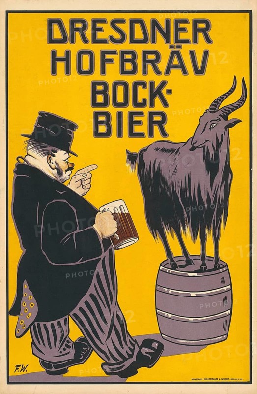 Advertising poster, beverage advertisement, advertising poster by Fritz Wolff from 1899 promotes Dresden Hofbräu buck beer. The graphic shows a man in formal clothing pointing at a goat standing on a beer keg, authentic reproduction of a historical advertising poster, advertising sign, in high resolution