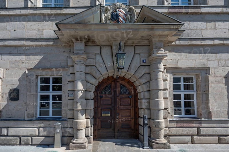Main portal with Nuremberg's coat of arms, Baumeisterhaus, built in 1615 by builder Jakob Wolff the Younger, Bauhof 9, Nuremberg, Mittekfranken, Bavaria, Germany