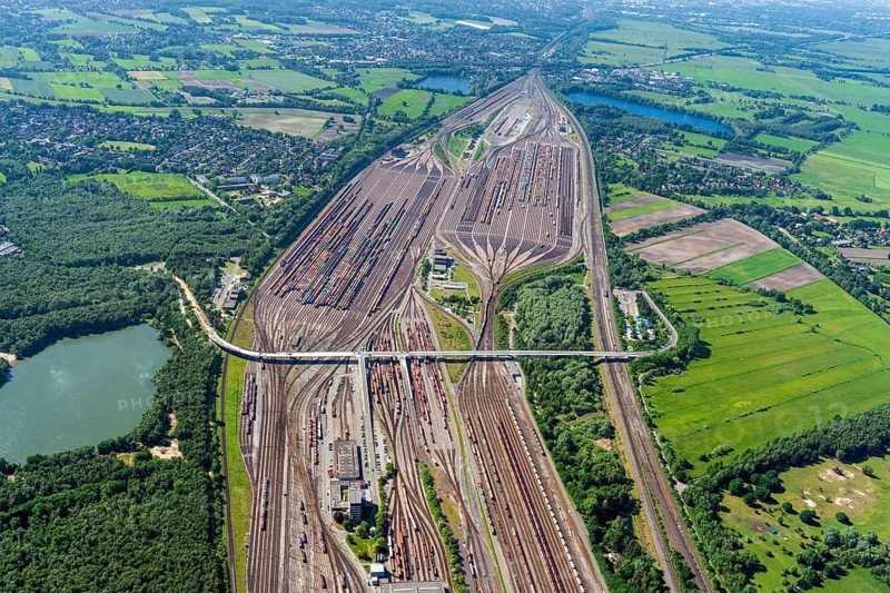 Europe, Germany, Lower Saxony, Maschen, municipality, Seevetal, district, Harburg, Lüneburger Heide, commuter catchment area, rail, Deutsche Bahn, freight train, transfer, maneuver, order, transport, loads, connection, rails, network, series, symbol, logistics, German, DB, passenger transport, rail traffic, rail traffic, rail traffic, rail traffic, train connection, train traffic, infrastructure, aerial view, top view, aerial view, aerial view, aerial view, aerial view, aerial view, bird's eye view, wagon, wagons