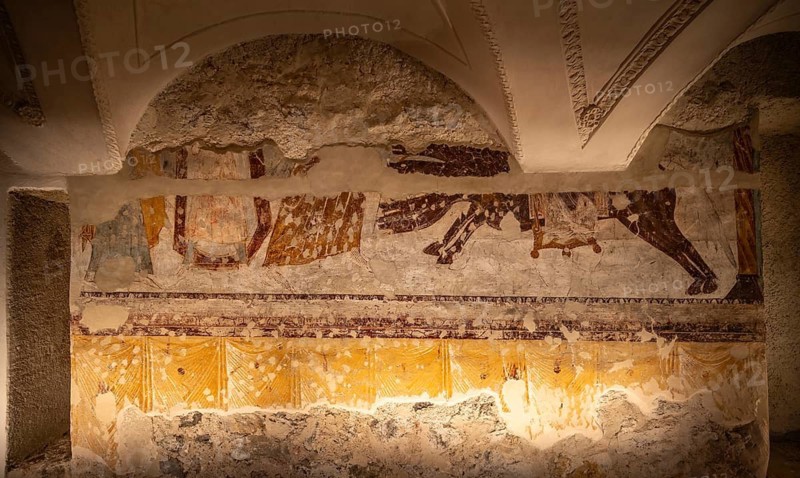 Historical fresco Battle of Angels against the Harlot Babylon, depiction of angels and mythical creatures, interior view, castle chapel, Hohenwerfen, Pongau, Salzburger Land, Austria