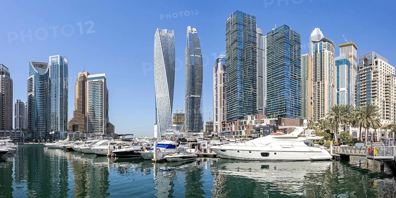 Dubai Marina Skyline panoramic skyscrapers with yachts Skyscrapers live on the waterfront in Dubai, United Arab Emirates