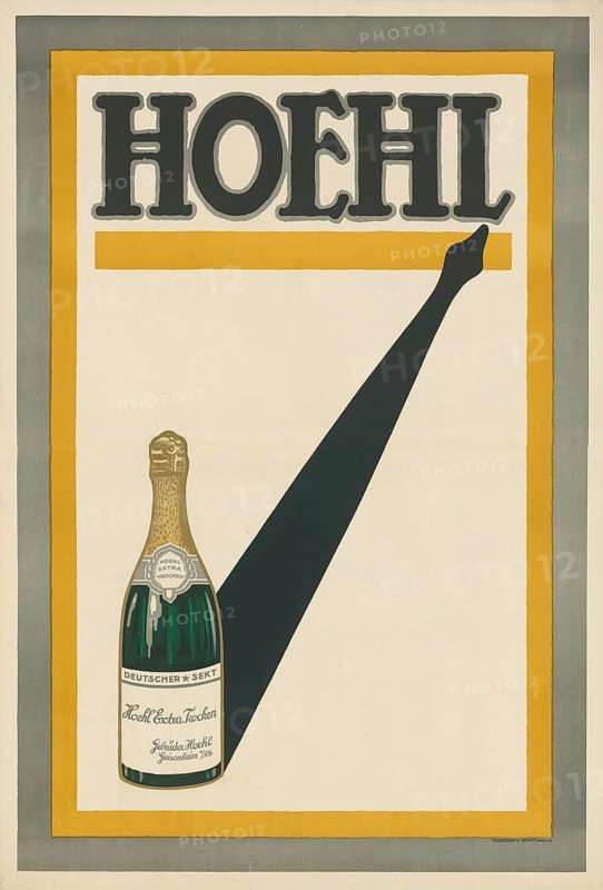 Advertising poster, beverage advertisement, advertising poster for Höhl German sparkling wine from the Höhl brothers from Geisenheim am Rhein, ca 1920. Design shows a Höhl Extra Dry champagne bottle on a yellow background, authentic reproduction of a historical advertising poster, advertising sign, in high resolution
