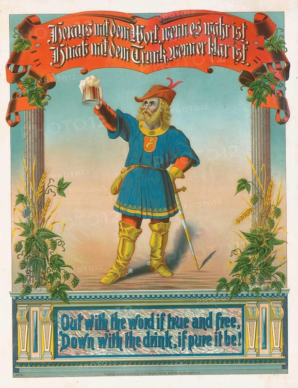 Advertising poster, beverage advertisement, German poster from 1870 advertising beer. The figure depicts a bearded man in traditional clothing holding a pitcher of beer in the air. The lyrics read Out with the word if it's true. Down with the drink when it is clear, authentic reproduction of a historical advertising poster, advertising sign, in high resolution