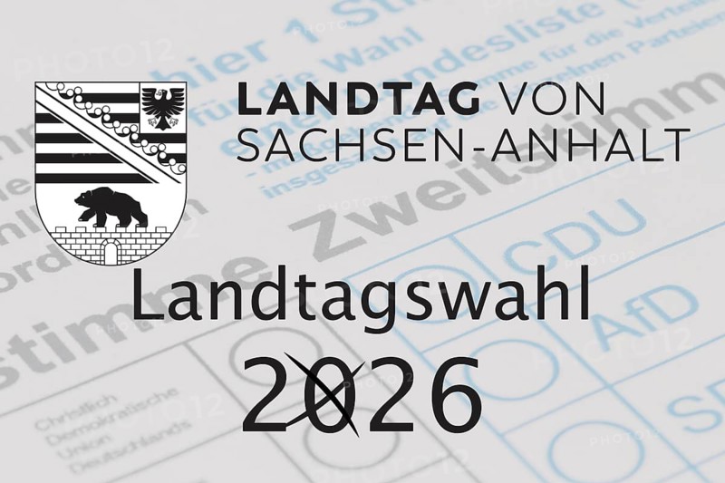 (Photo montage) Logo of the state parliament of Saxony-Anhalt and lettering STATE ELECTION 2026 above a ballot paper