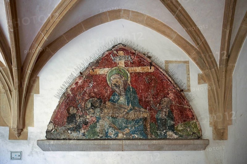 Interior photo, historical wall painting, fresco, cloister, Blaubeuren Abbey, Swabian Jura, Baden-Württemberg, Germany