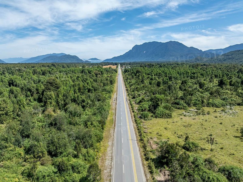 Carretera Austral, Long straight road, aerial view, Hornopirén, Patagonia, Los Lagos, Chile