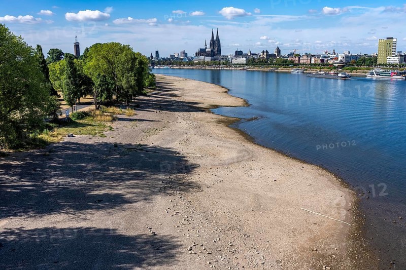 Low water in the Rhine near Cologne, view from the right bank of the Rhine at the Rheinpark to the south, city center with the cathedral, inland navigation is severely restricted, only a few ships sail, then with a significantly reduced load, on the day of recording it was the lowest Rhine level ever measured in Cologne, 60 cm, North Rhine-Westphalia, Germany
