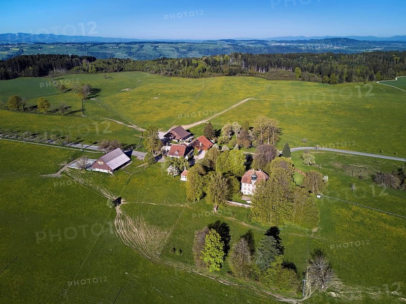Horben viewpoint with castle and restaurant, Beinwil, Freiamt, Canton of Aargau, Switzerland