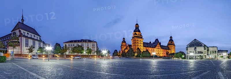 Market square illuminates panorama of Aschaffenburg Germany